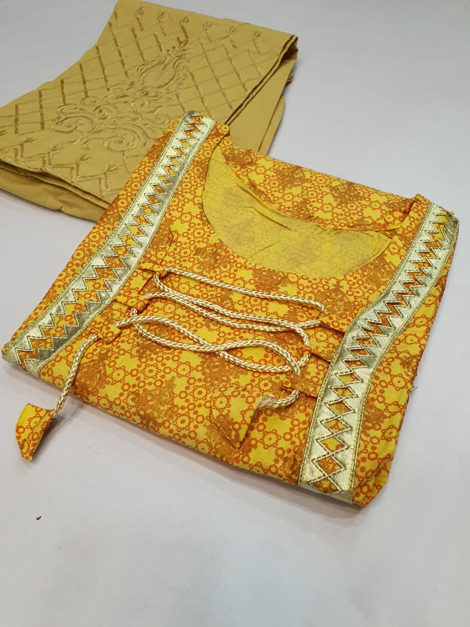 Stitched Cotton Frock with Embroidered Cotton Trouser – Steam Golden Printed 2-Piece Set (Lemon Yellow) (57)