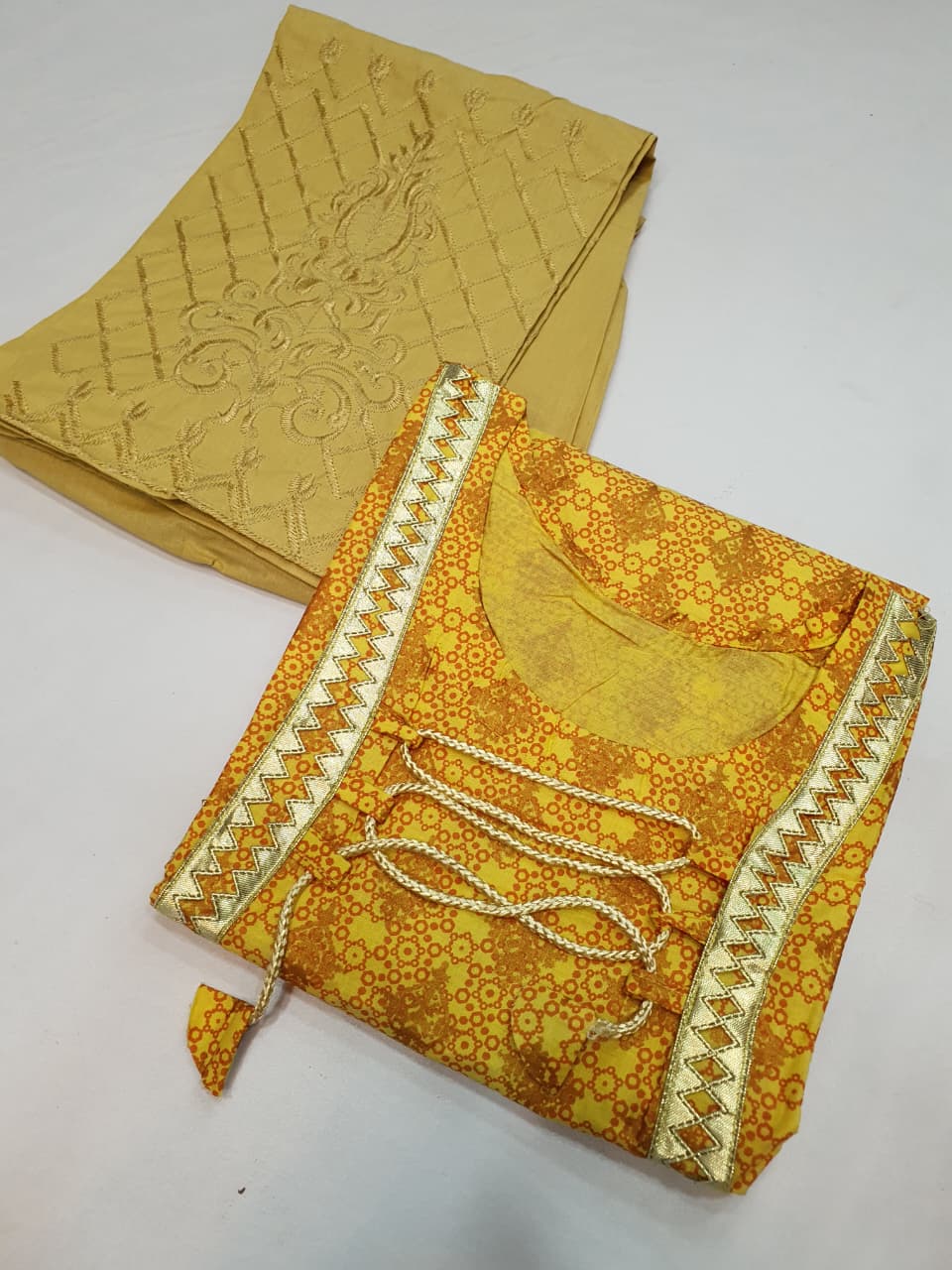 Stitched Cotton Frock with Embroidered Cotton Trouser – Steam Golden Printed 2-Piece Set (Lemon Yellow) (57)